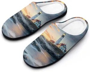Lighthouse Beach Sky Women's Cotton Slippers Comfy House Shoes Bedroom Slipper for Indoor Outdoor