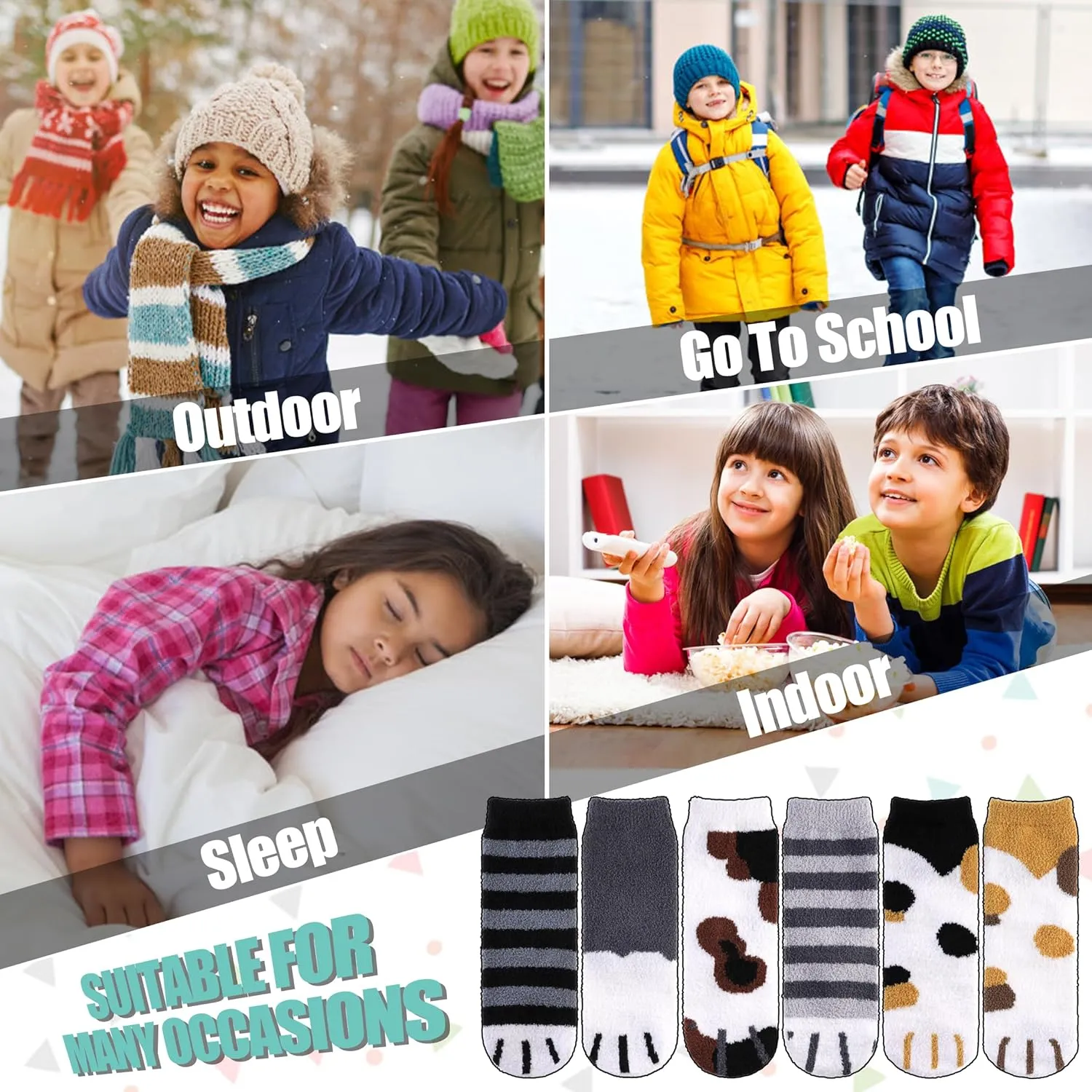 LINEMIN Kids Fuzzy Socks Boys Girls with Grips Non Slip Slipper Socks Cozy Fluffy Winter Warm Crew Socks 6 Pairs