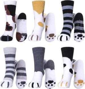LINEMIN Kids Fuzzy Socks Boys Girls with Grips Non Slip Slipper Socks Cozy Fluffy Winter Warm Crew Socks 6 Pairs