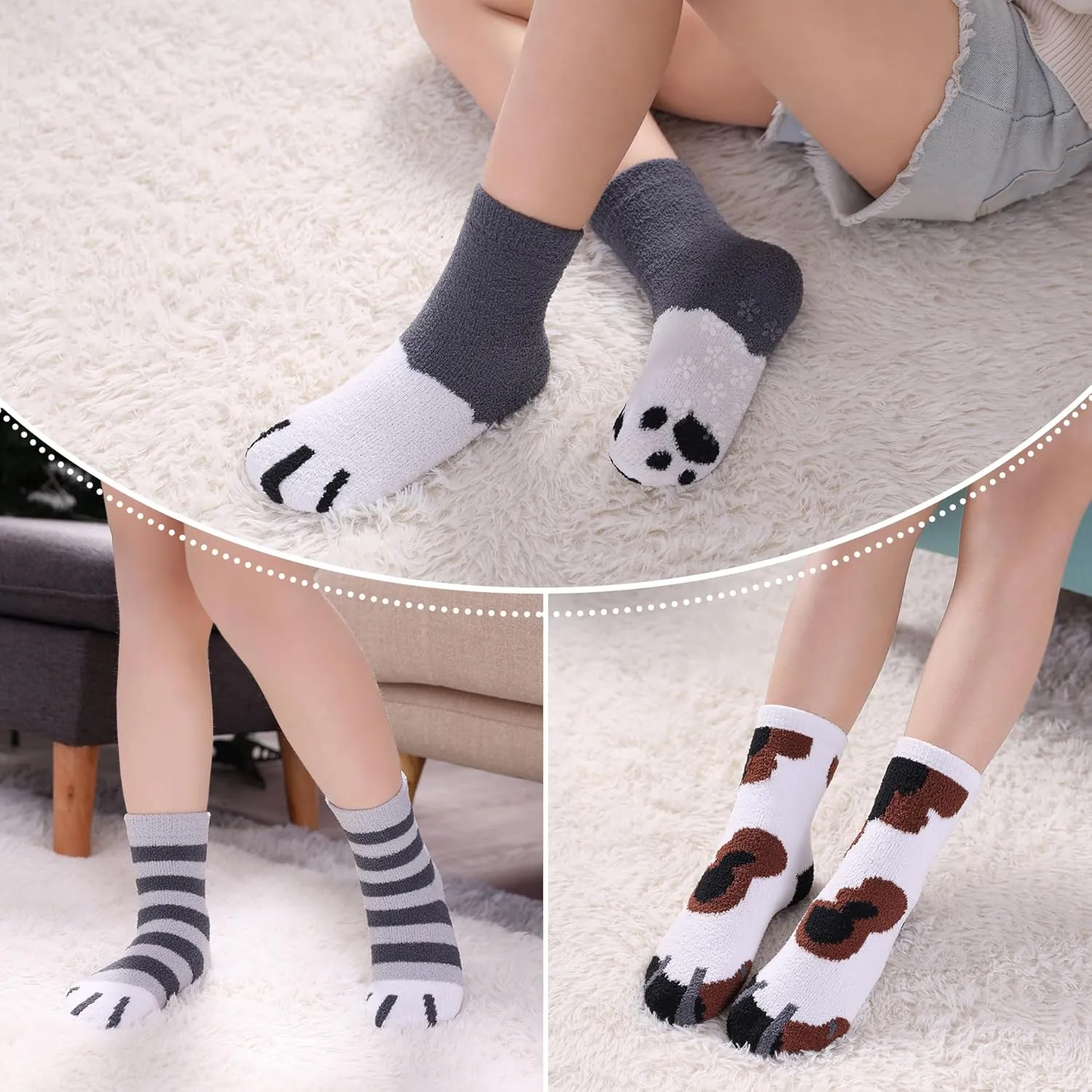 LINEMIN Kids Fuzzy Socks Boys Girls with Grips Non Slip Slipper Socks Cozy Fluffy Winter Warm Crew Socks 6 Pairs