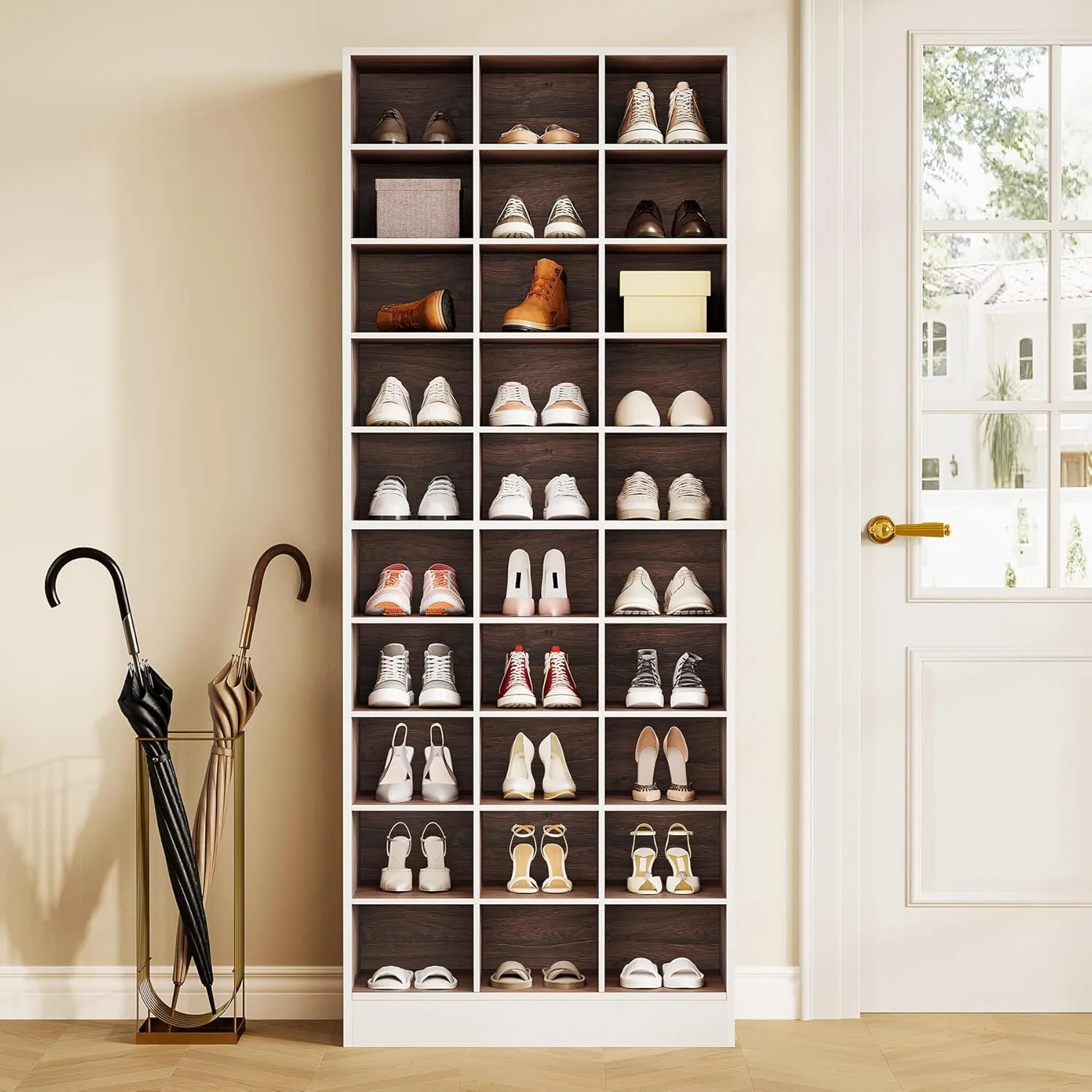 LITTLE TREE 70.9" Tall Shoe Rack, 10-Tier Freestanding Shelf, Max. Store 30 Pairs, Shoe Cabinet Organizer for Living Room, Entryway, Cloakroom, White   Brown