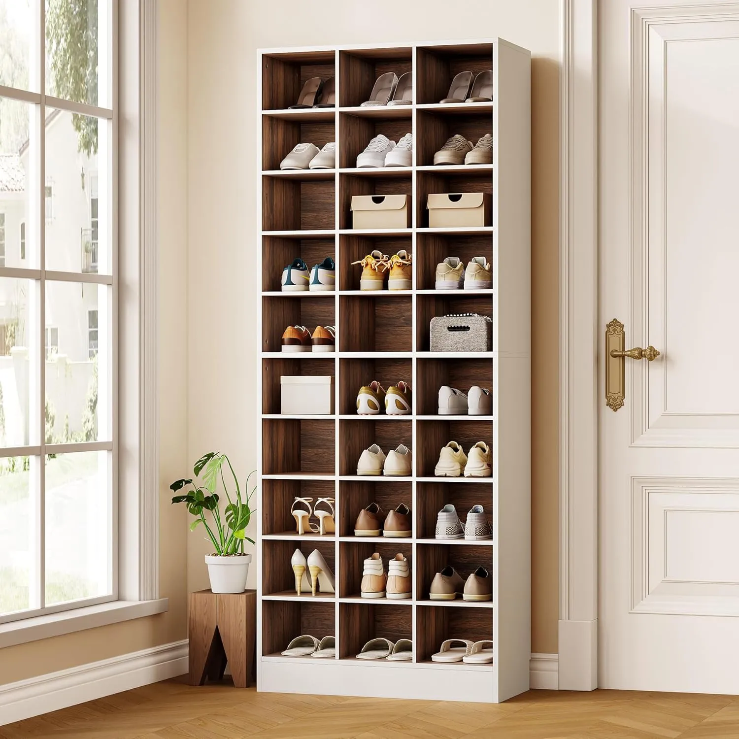 LITTLE TREE 70.9" Tall Shoe Rack, 10-Tier Freestanding Shelf, Max. Store 30 Pairs, Shoe Cabinet Organizer for Living Room, Entryway, Cloakroom, White   Brown