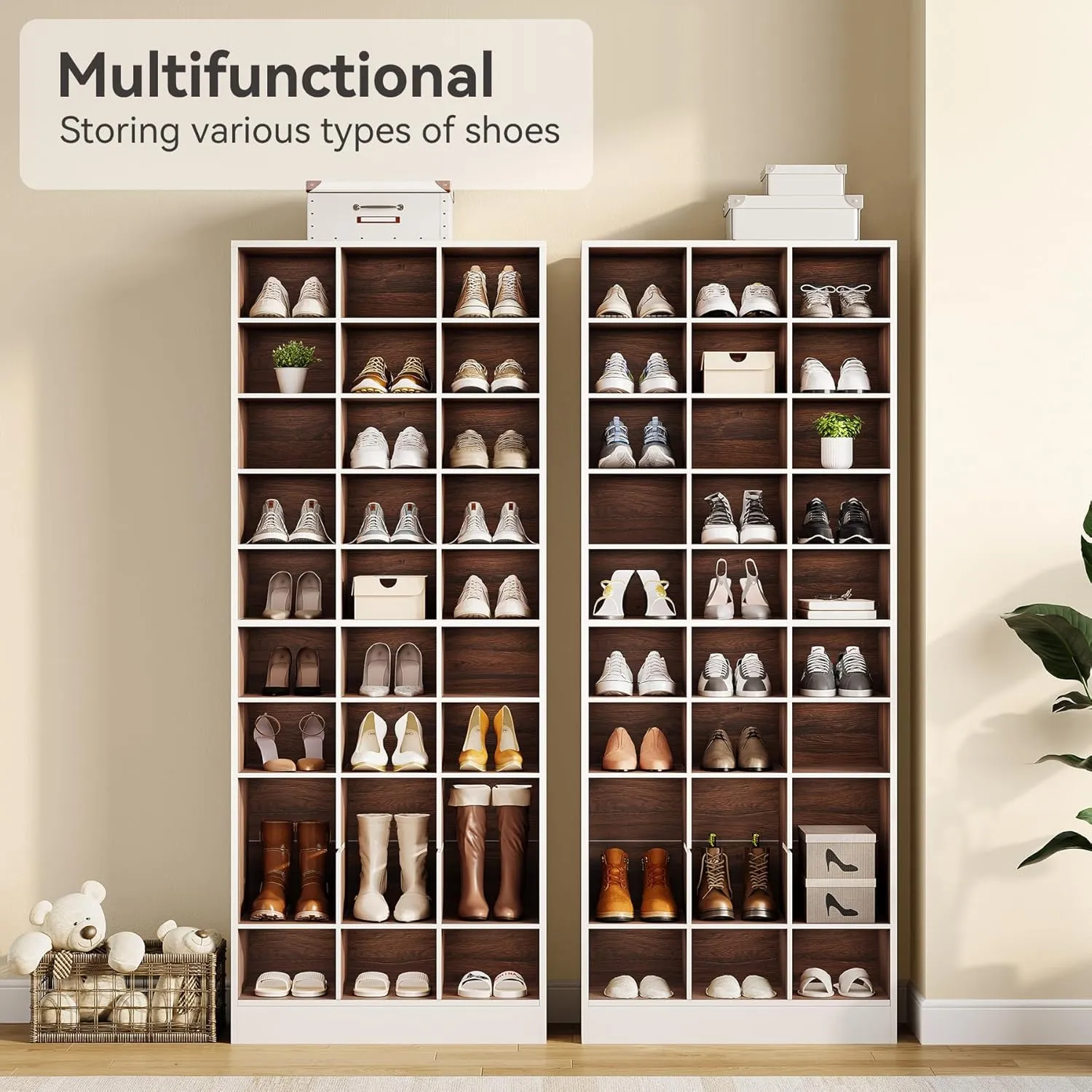 LITTLE TREE 70.9" Tall Shoe Rack, 10-Tier Freestanding Shelf, Max. Store 30 Pairs, Shoe Cabinet Organizer for Living Room, Entryway, Cloakroom, White   Brown
