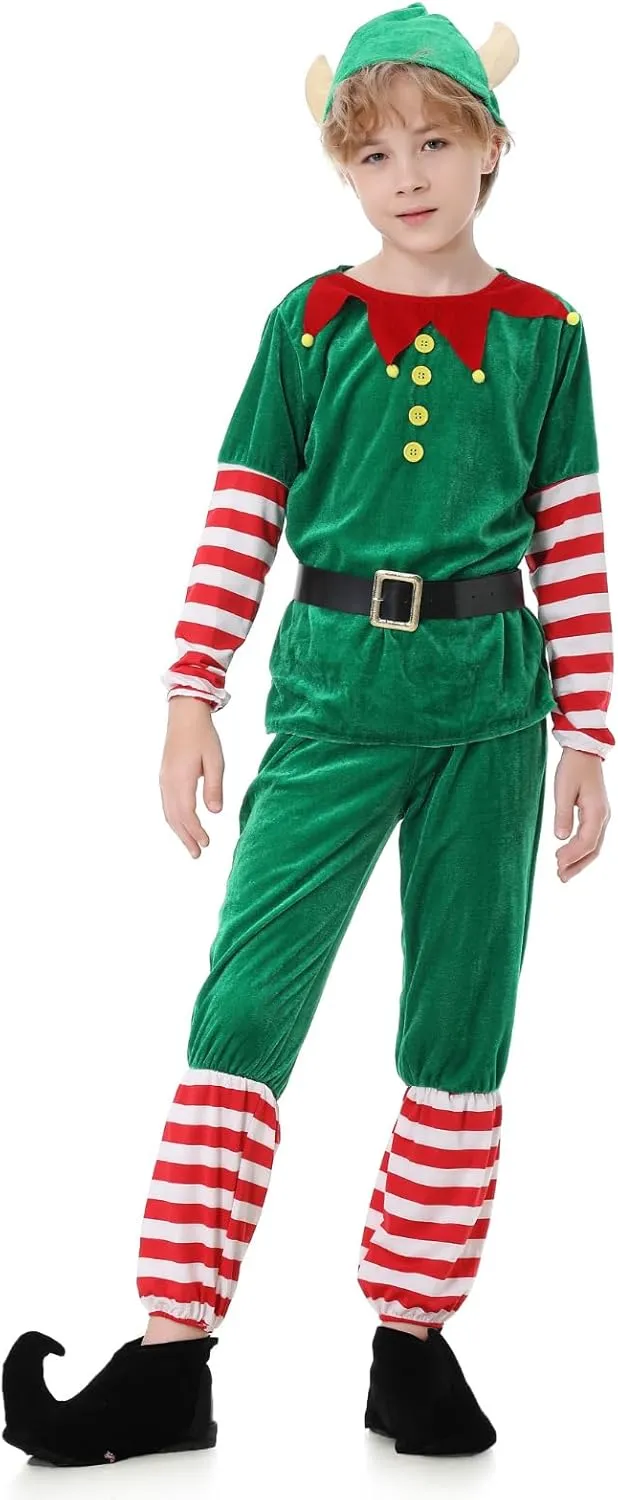 LMYOVE Elf Outfit for Kids, Girls Boys Santa's Helper Costume, Halloween Christmas Elf Outfits Deluxe 5 PCS Set
