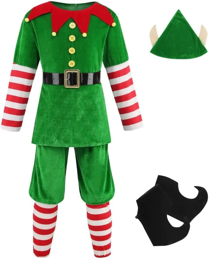 LMYOVE Elf Outfit for Kids, Girls Boys Santa's Helper Costume, Halloween Christmas Elf Outfits Deluxe 5 PCS Set