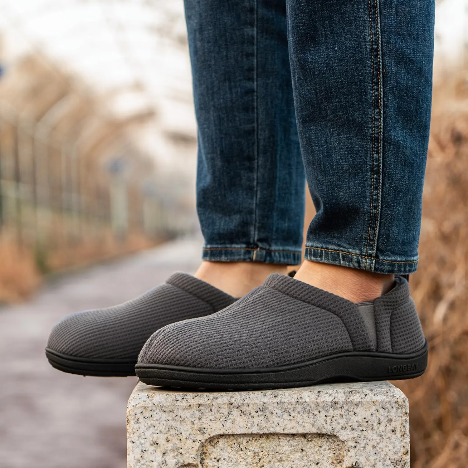 LongBay Men's Slippers Warm Bedroom House Shoes Slip-On Memory Foam Winter House Slippers for Indoor Outdoor