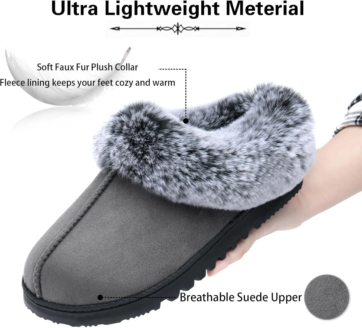 LORDFON Womens Slippers with Memory Foam,Winter House Slippers for Women with Warm Faux Fur Collar,Cozy Slip-on Bedroom Indoor Shoes