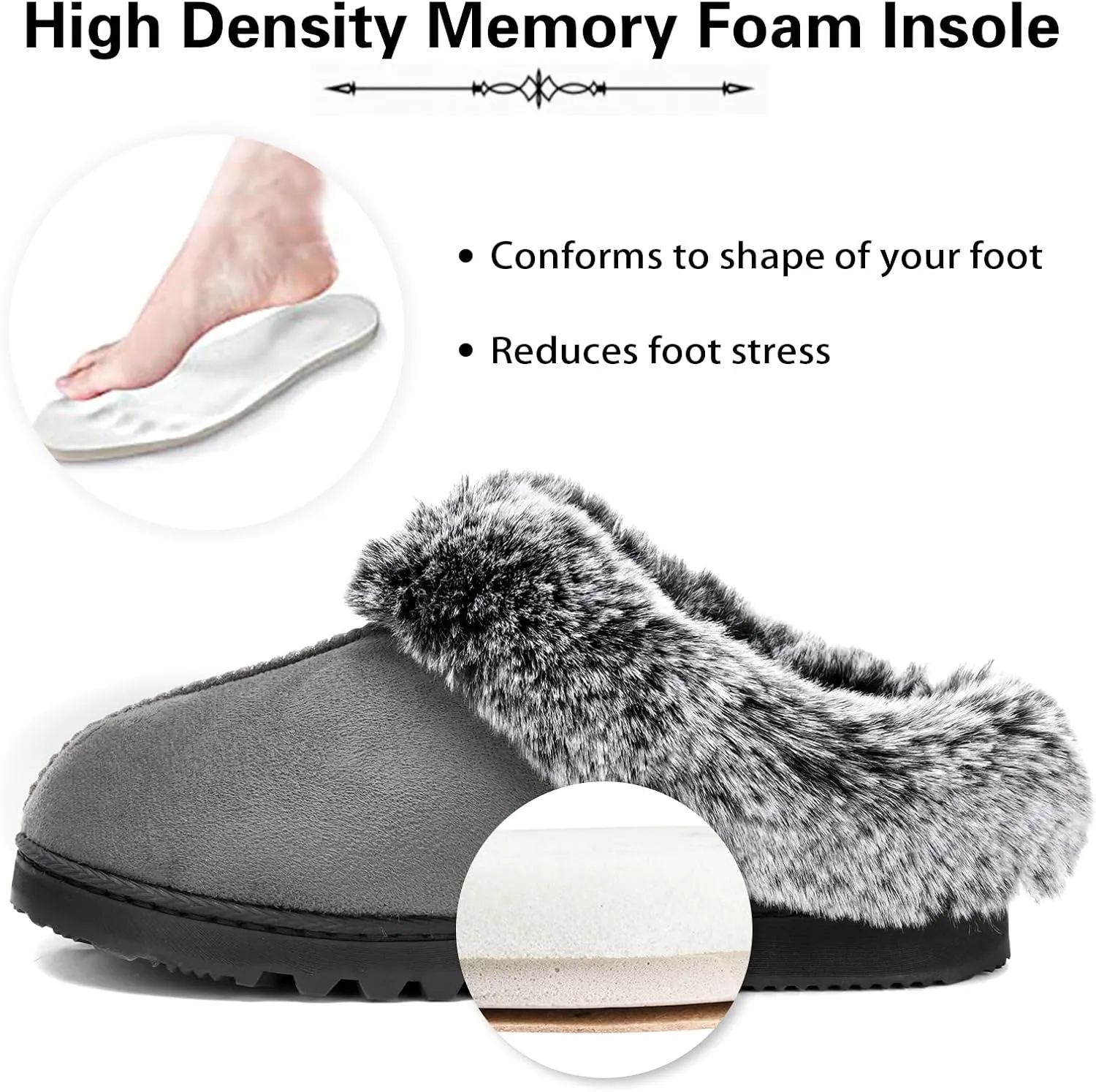 LORDFON Womens Slippers with Memory Foam,Winter House Slippers for Women with Warm Faux Fur Collar,Cozy Slip-on Bedroom Indoor Shoes