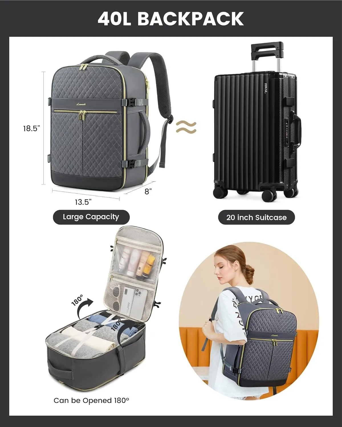 LOVEVOOK Carry On Travel Backpack for Women, 40L Personal Item Travel Bag Flight Approved, TSA Large Backpack for 17'' Laptop, Waterproof Weekender Business Hiking Bag with 3 Packing Cubes