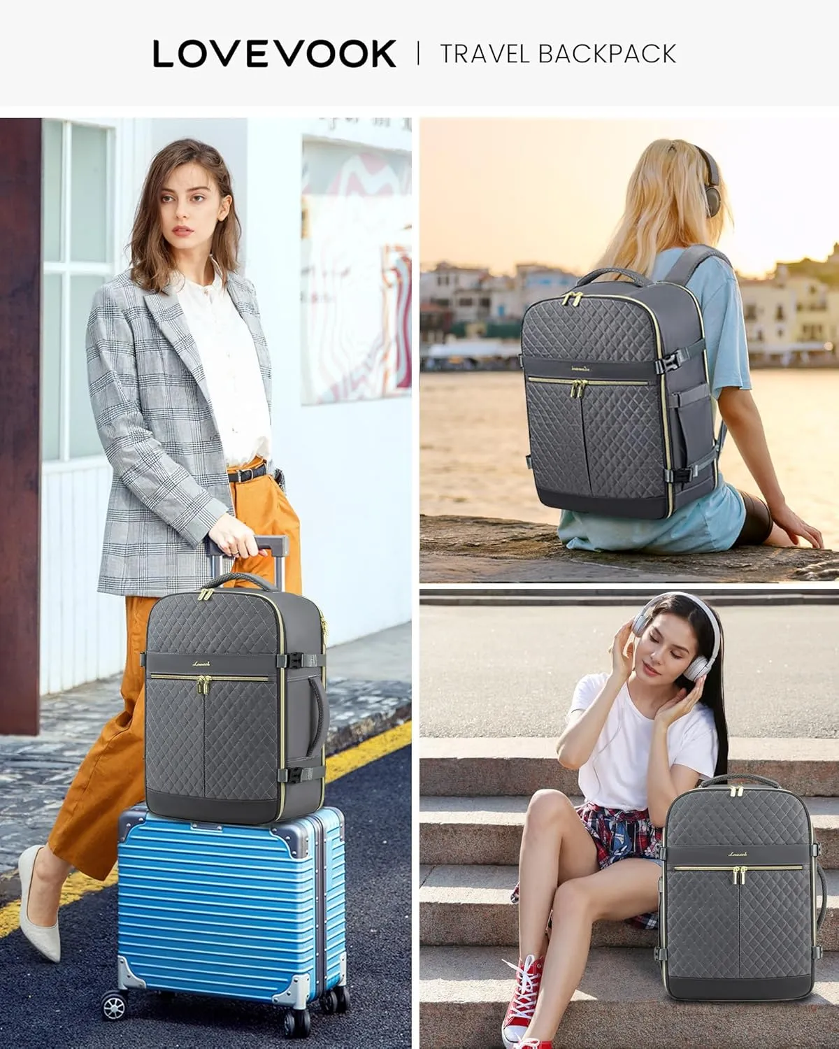 LOVEVOOK Carry On Travel Backpack for Women, 40L Personal Item Travel Bag Flight Approved, TSA Large Backpack for 17'' Laptop, Waterproof Weekender Business Hiking Bag with 3 Packing Cubes