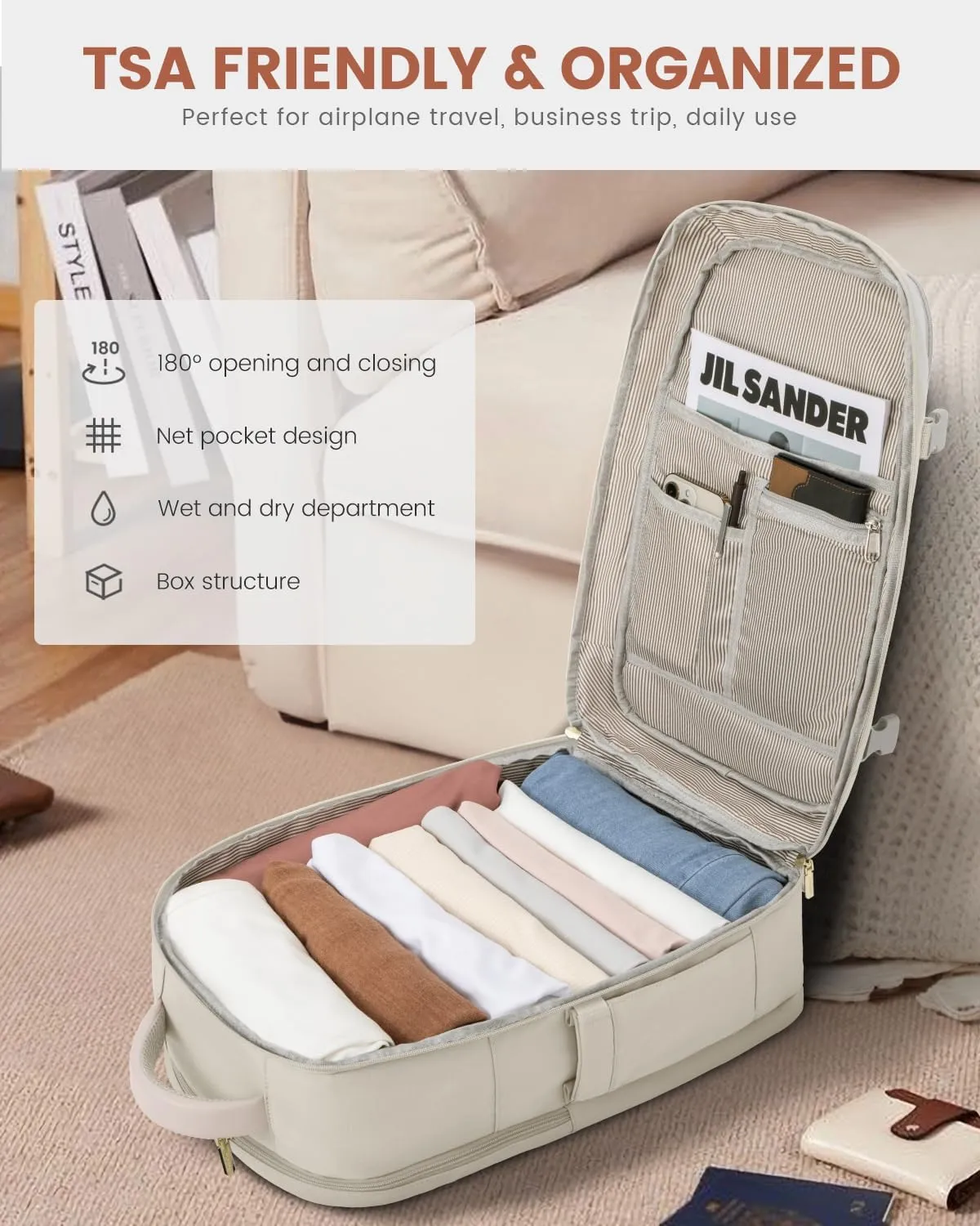 LOVEVOOK Travel Backpack For Women, 40L Carry On Backpack Flight Approved, TSA Personal Item Backpack Fits 17 Inch Laptop, Business Weekender Overnight Waterproof Daypack With 2 Packing Cubes, Beige
