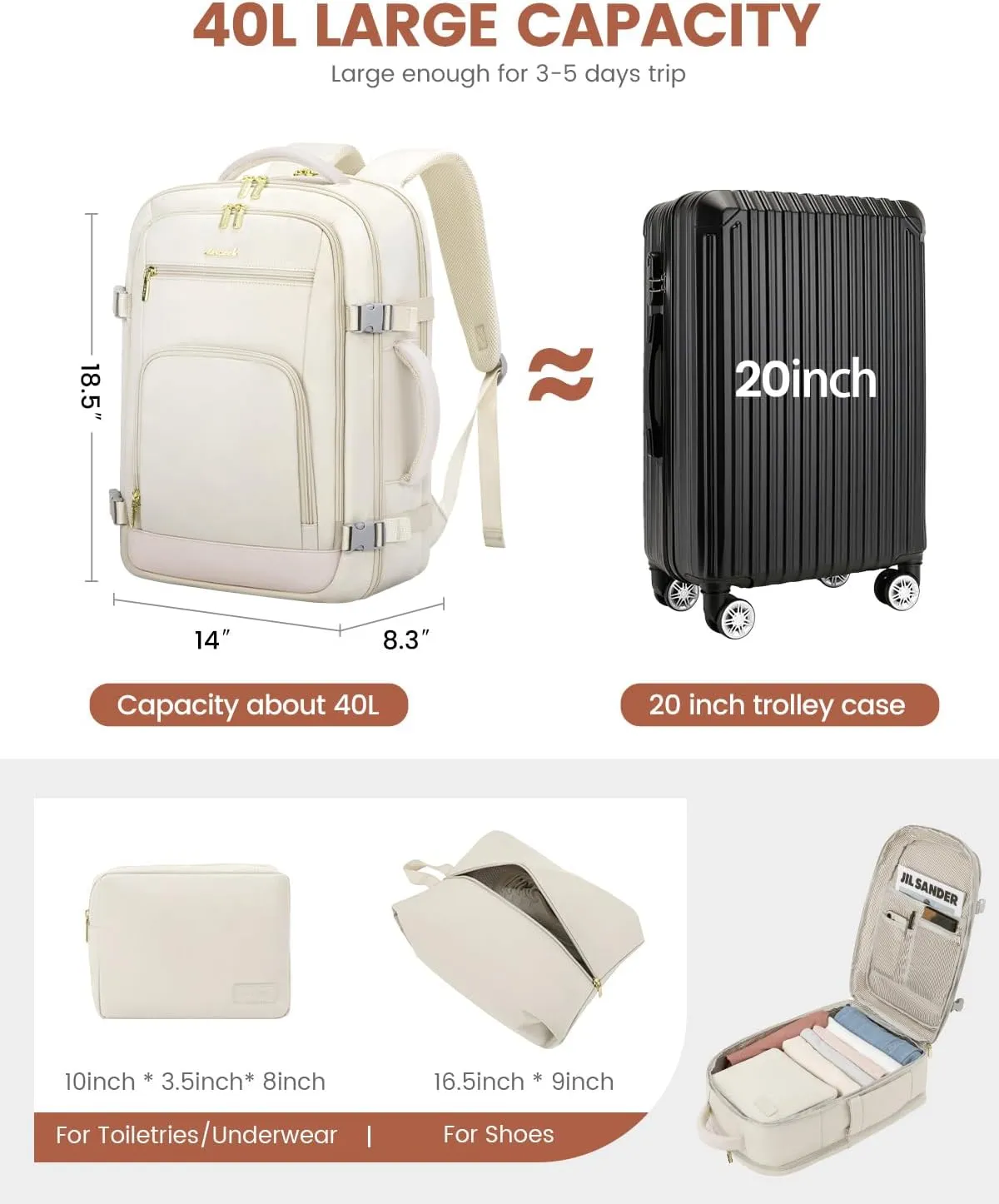 LOVEVOOK Travel Backpack For Women, 40L Carry On Backpack Flight Approved, TSA Personal Item Backpack Fits 17 Inch Laptop, Business Weekender Overnight Waterproof Daypack With 2 Packing Cubes, Beige