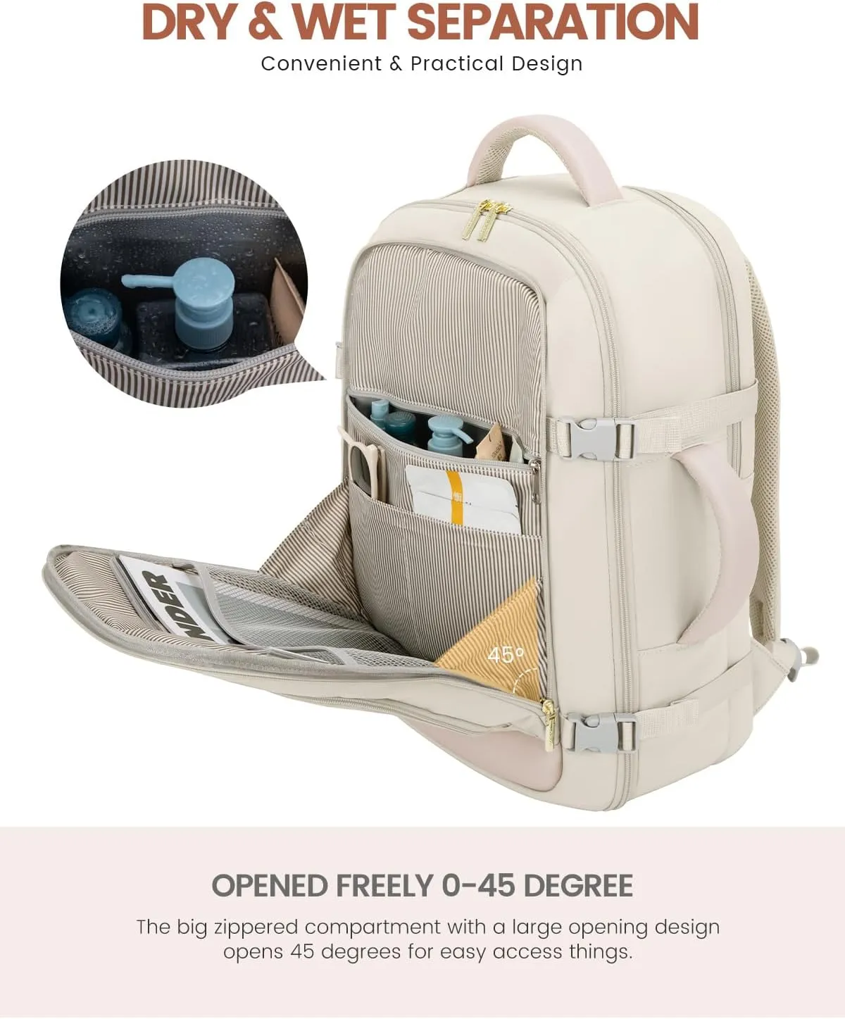 LOVEVOOK Travel Backpack For Women, 40L Carry On Backpack Flight Approved, TSA Personal Item Backpack Fits 17 Inch Laptop, Business Weekender Overnight Waterproof Daypack With 2 Packing Cubes, Beige