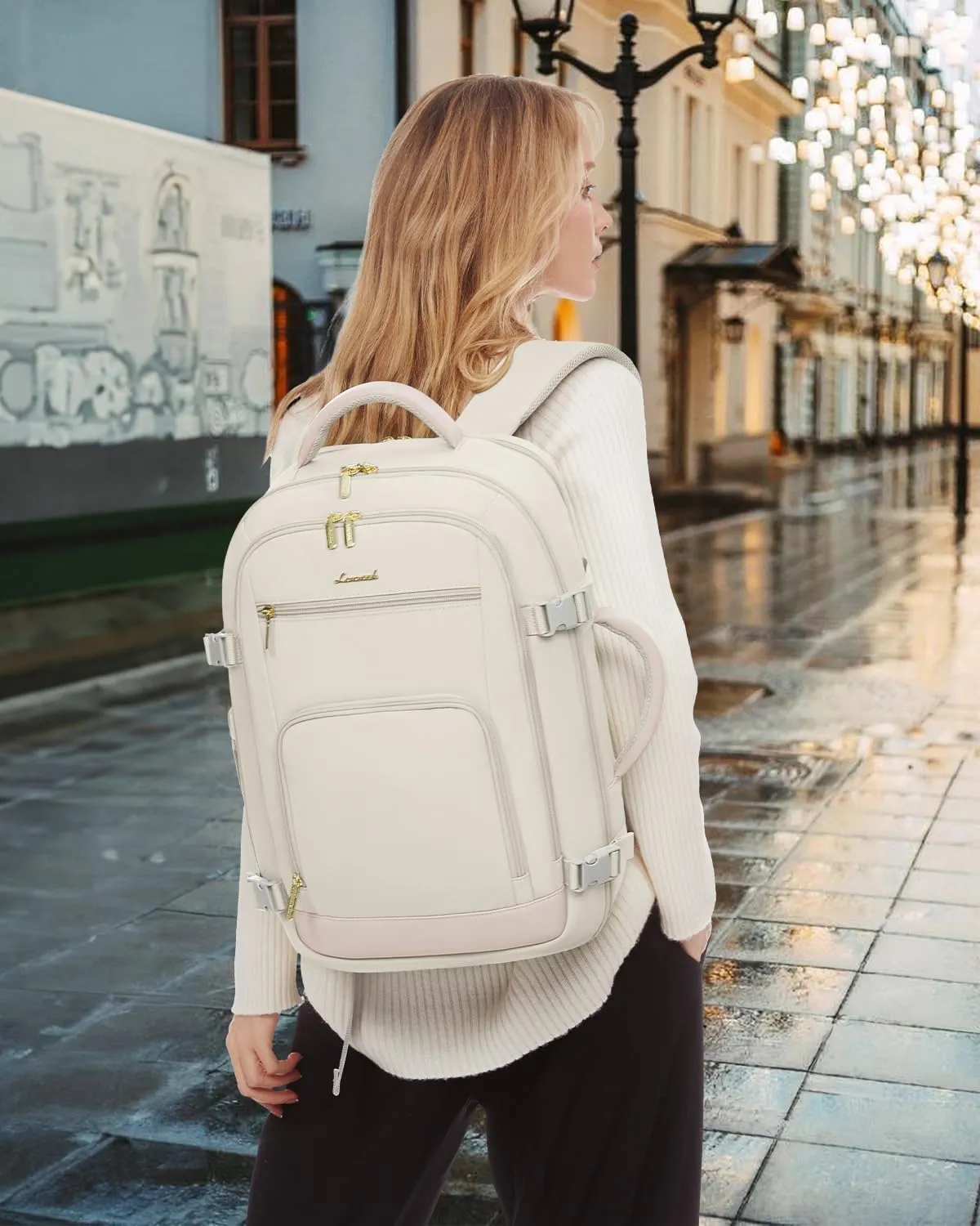 LOVEVOOK Travel Backpack For Women, 40L Carry On Backpack Flight Approved, TSA Personal Item Backpack Fits 17 Inch Laptop, Business Weekender Overnight Waterproof Daypack With 2 Packing Cubes, Beige