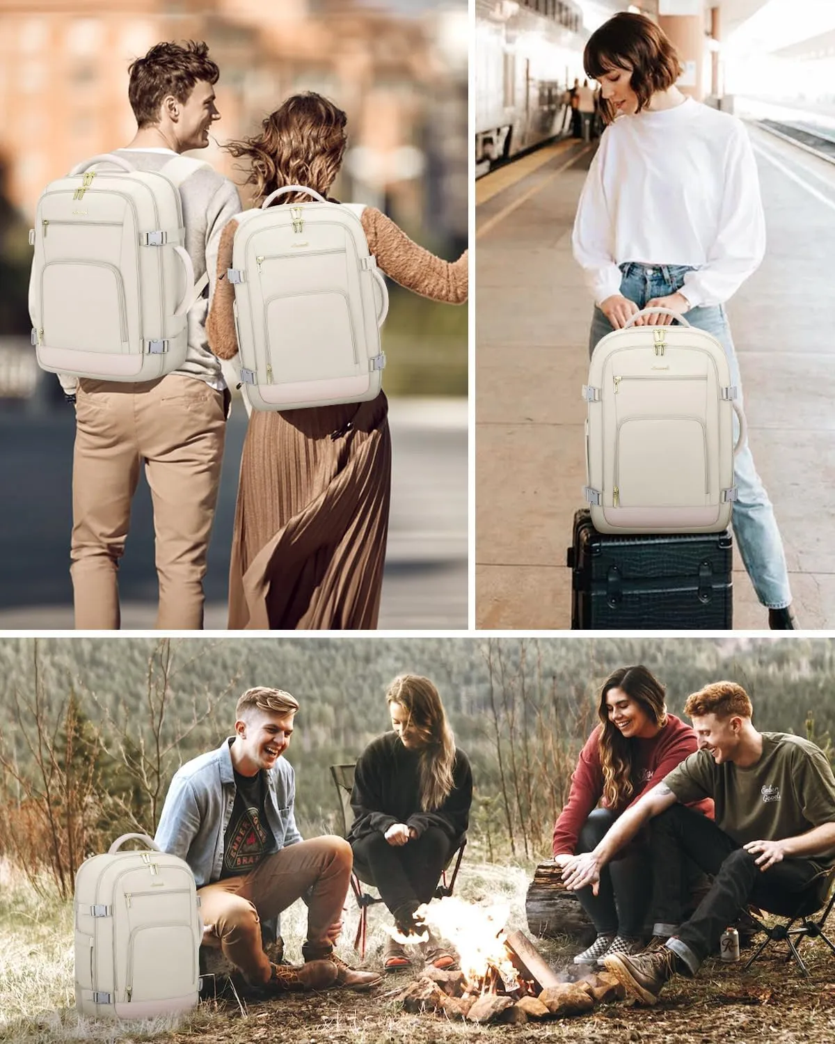 LOVEVOOK Travel Backpack For Women, 40L Carry On Backpack Flight Approved, TSA Personal Item Backpack Fits 17 Inch Laptop, Business Weekender Overnight Waterproof Daypack With 2 Packing Cubes, Beige