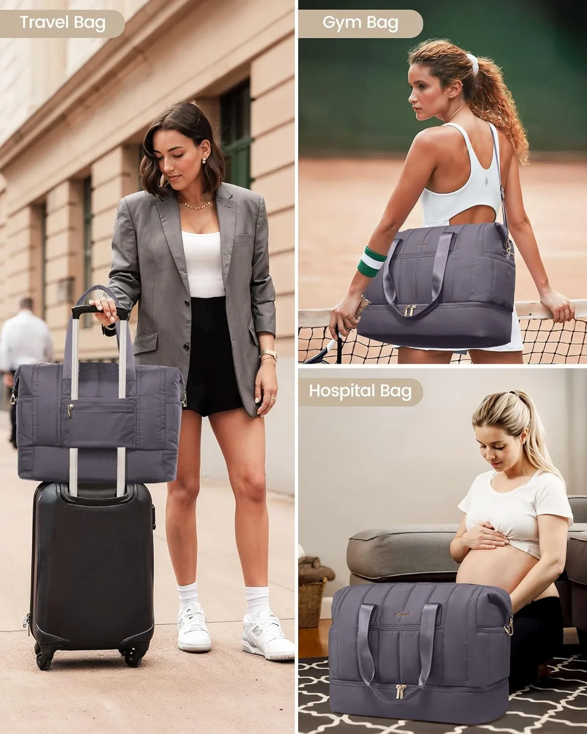 LOVEVOOK Travel Duffle Bag,Puffer Weekender Bags For Women with Shoe Compartment,42L Carry On Duffel Bags For Airplanes,Hospital Bag for Labor and Delivery,Overnight Bag With Toiletry Bag,2Pcs Set