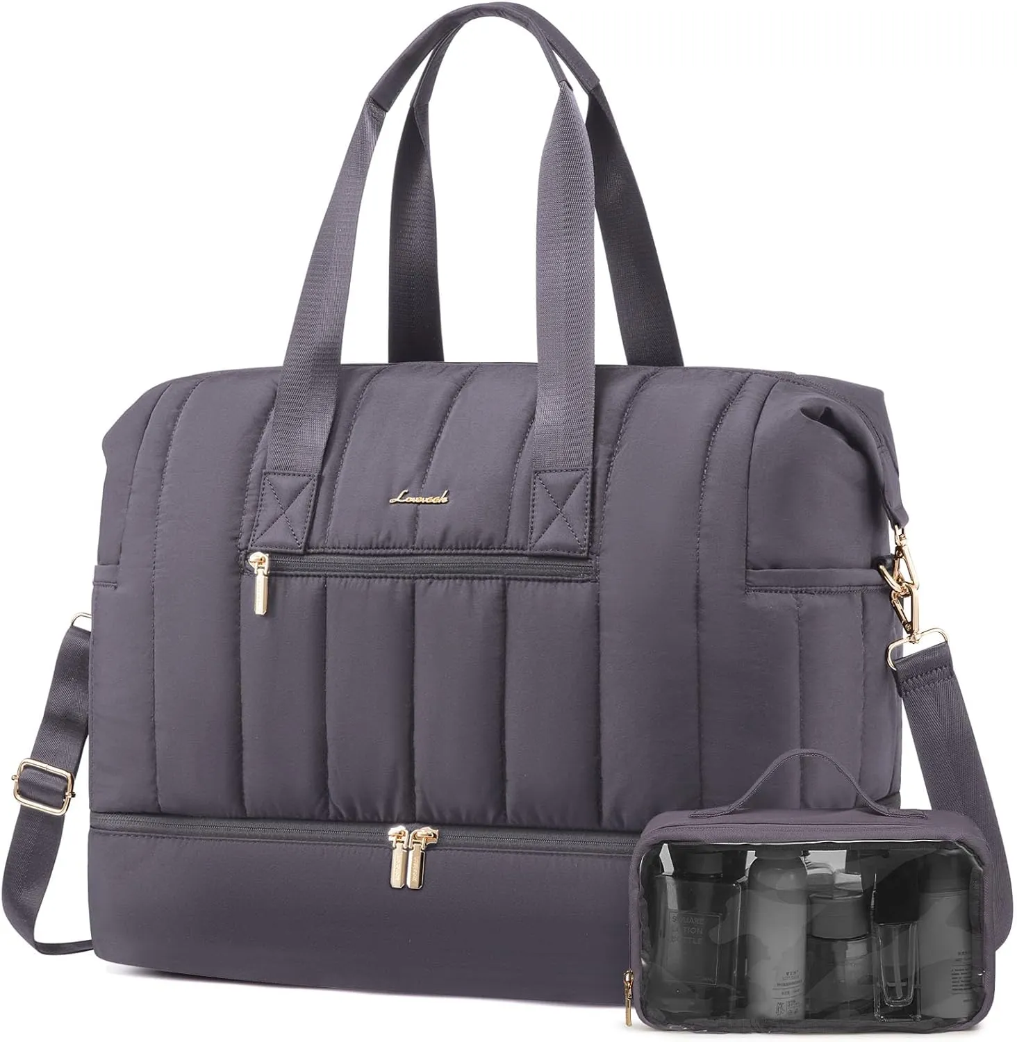 LOVEVOOK Travel Duffle Bag,Puffer Weekender Bags For Women with Shoe Compartment,42L Carry On Duffel Bags For Airplanes,Hospital Bag for Labor and Delivery,Overnight Bag With Toiletry Bag,2Pcs Set