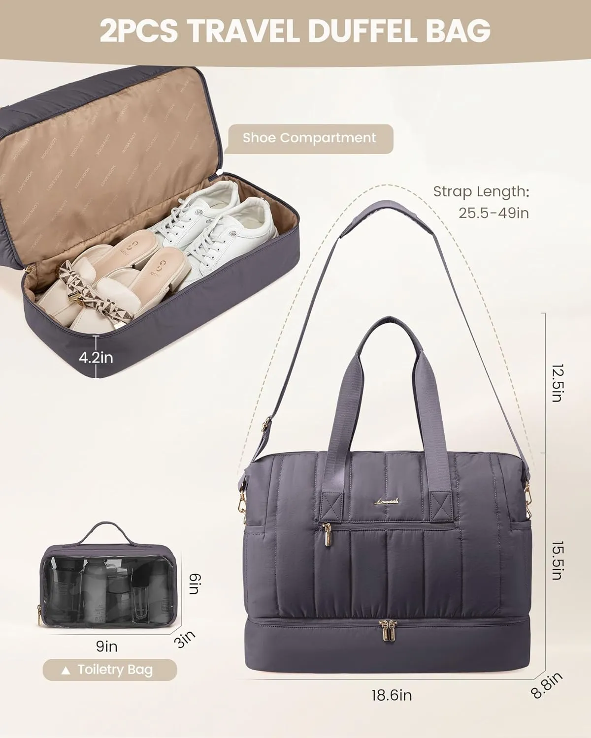 LOVEVOOK Travel Duffle Bag,Puffer Weekender Bags For Women with Shoe Compartment,42L Carry On Duffel Bags For Airplanes,Hospital Bag for Labor and Delivery,Overnight Bag With Toiletry Bag,2Pcs Set