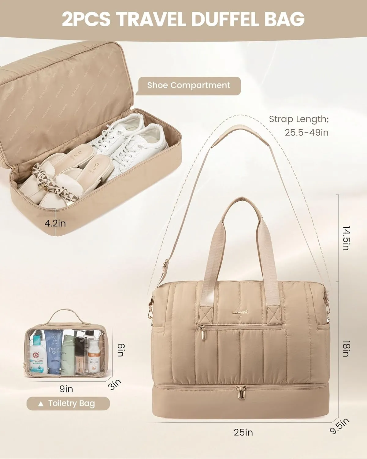LOVEVOOK Travel Duffle Bag,Puffer Weekender Bags For Women with Shoe Compartment,70L Carry On Duffel Bags For Airplanes,Hospital Bag for Labor and Delivery,Overnight Bag With Toiletry Bag,2Pcs Set