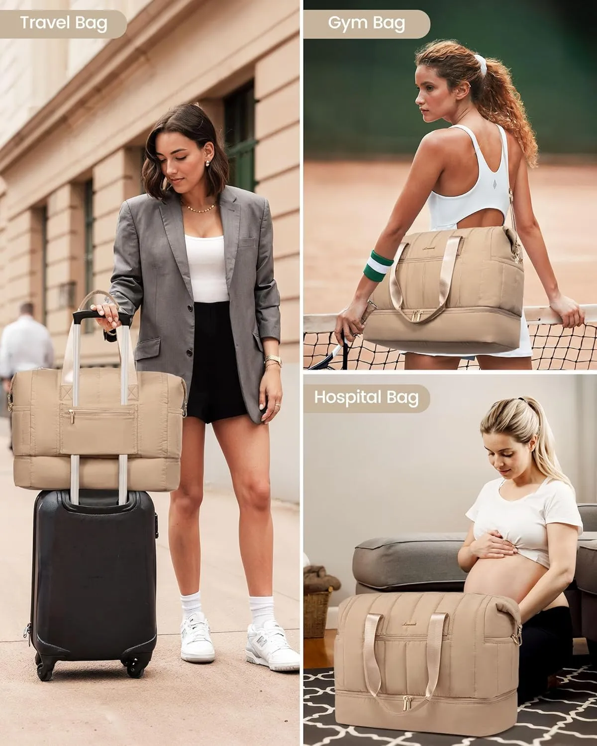 LOVEVOOK Travel Duffle Bag,Puffer Weekender Bags For Women with Shoe Compartment,70L Carry On Duffel Bags For Airplanes,Hospital Bag for Labor and Delivery,Overnight Bag With Toiletry Bag,2Pcs Set