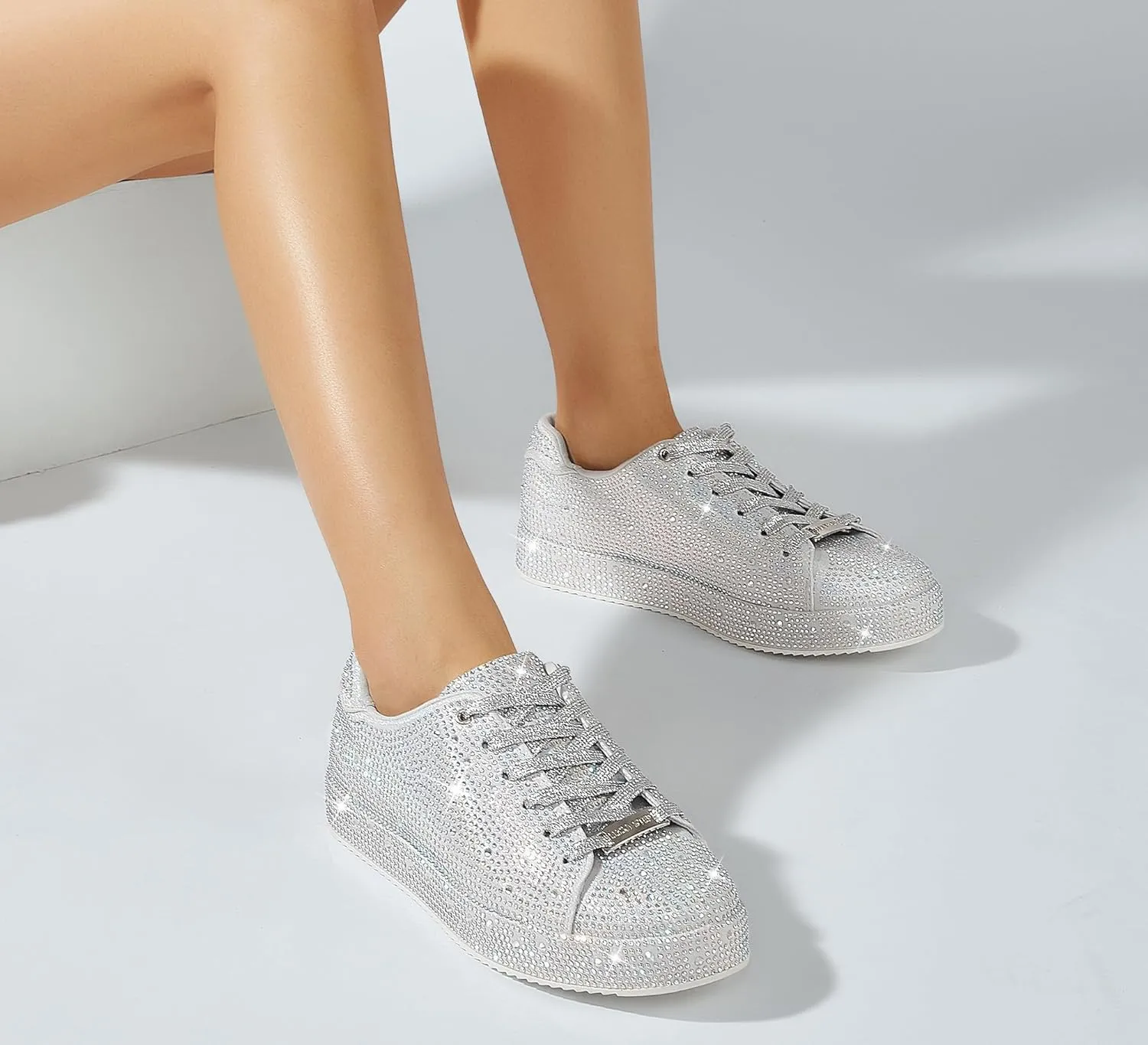 LUCKY STEP Platform Rhinestone Fashion Glitter Sneakers | Sparkly Bling Bedazzled Wedding Bridal Shiny Shoes for Women