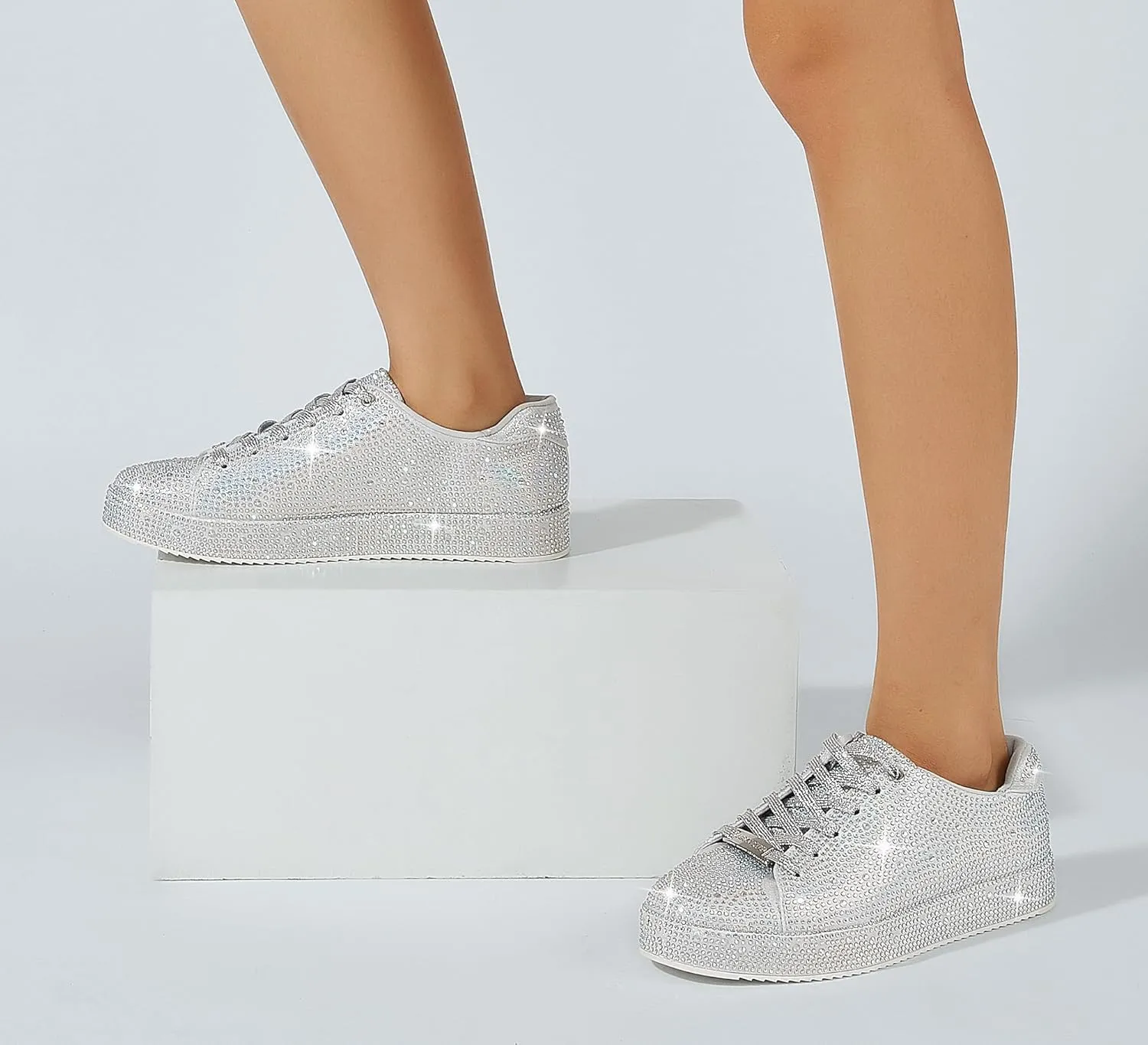 LUCKY STEP Platform Rhinestone Fashion Glitter Sneakers | Sparkly Bling Bedazzled Wedding Bridal Shiny Shoes for Women