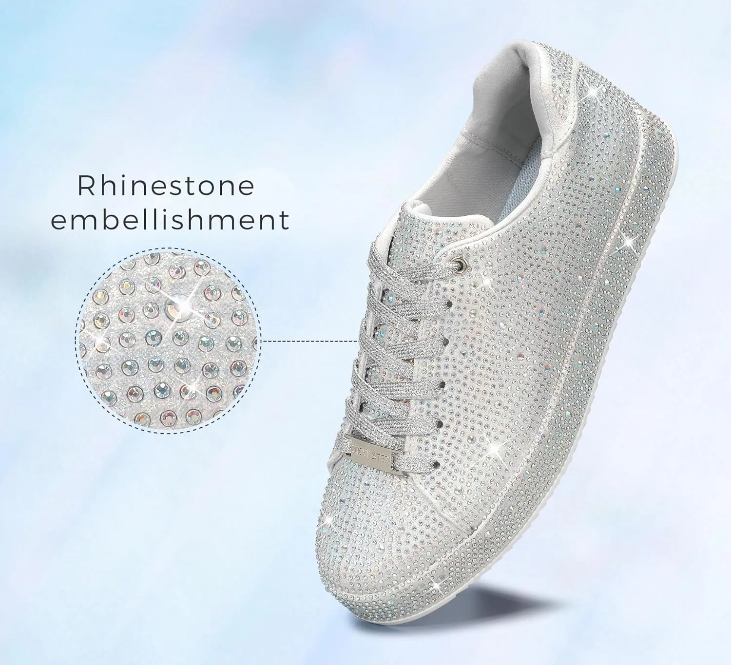 LUCKY STEP Platform Rhinestone Fashion Glitter Sneakers | Sparkly Bling Bedazzled Wedding Bridal Shiny Shoes for Women