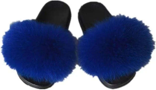 LVCOMEFF Girls Toddler real fox fur sandals slides fluffy fuzzy for kid child