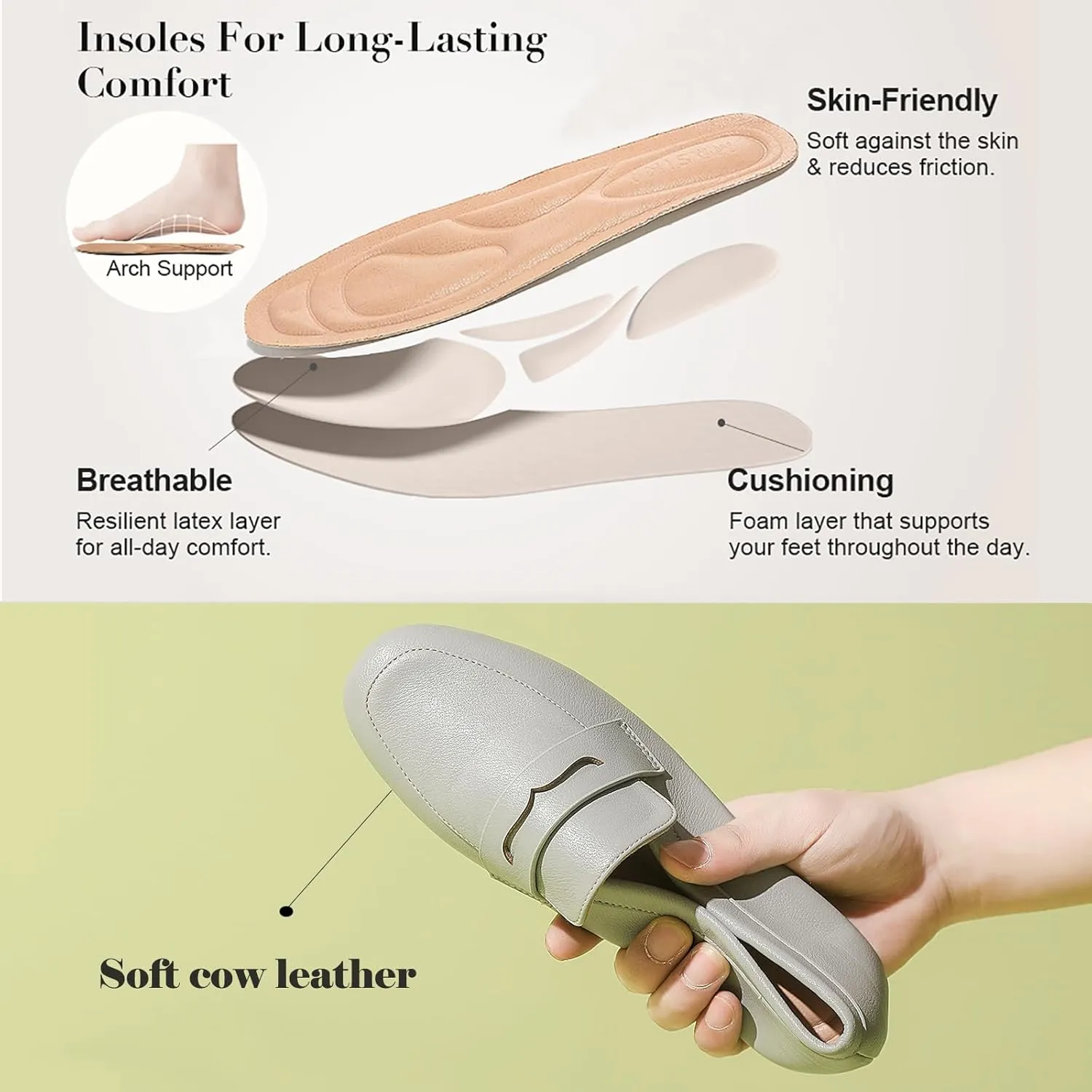 MASIKA Women's Fashionable Loafers, Cowhide Soft Soled Loafers, Square Toe Minimalist Work Shoes, Flat Shoes, and White Penny Loafers.