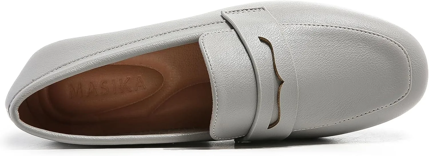 MASIKA Women's Fashionable Loafers, Cowhide Soft Soled Loafers, Square Toe Minimalist Work Shoes, Flat Shoes, and White Penny Loafers.