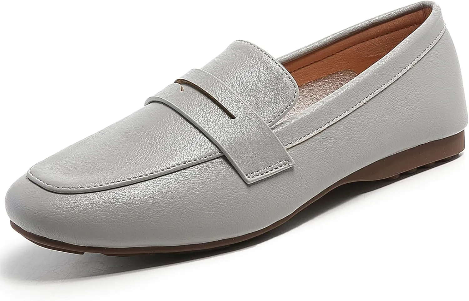 MASIKA Women's Fashionable Loafers, Cowhide Soft Soled Loafers, Square Toe Minimalist Work Shoes, Flat Shoes, and White Penny Loafers.