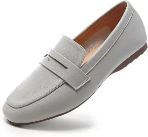 MASIKA Women's Fashionable Loafers, Cowhide Soft Soled Loafers, Square Toe Minimalist Work Shoes, Flat Shoes, and White Penny Loafers.