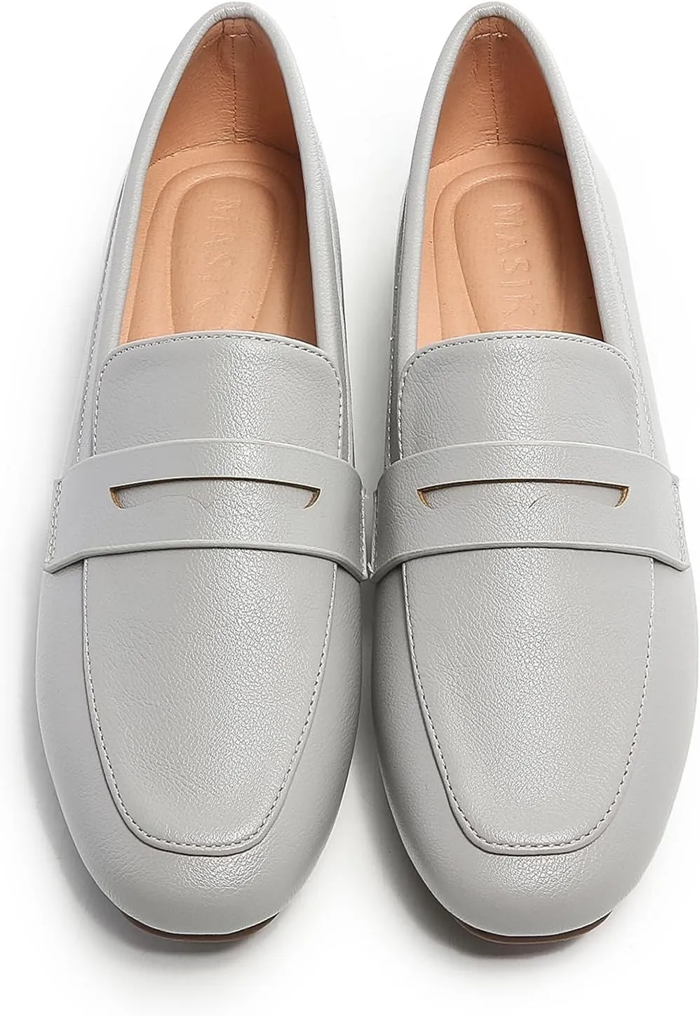 MASIKA Women's Fashionable Loafers, Cowhide Soft Soled Loafers, Square Toe Minimalist Work Shoes, Flat Shoes, and White Penny Loafers.