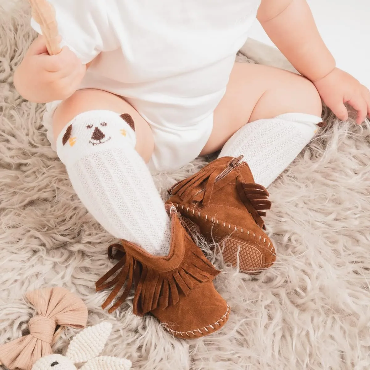 Meckior Baby Girls Cowboy Tassel Boots Side Zipper Moccasins Soft Bottom Non-Slip Toddler Shoe