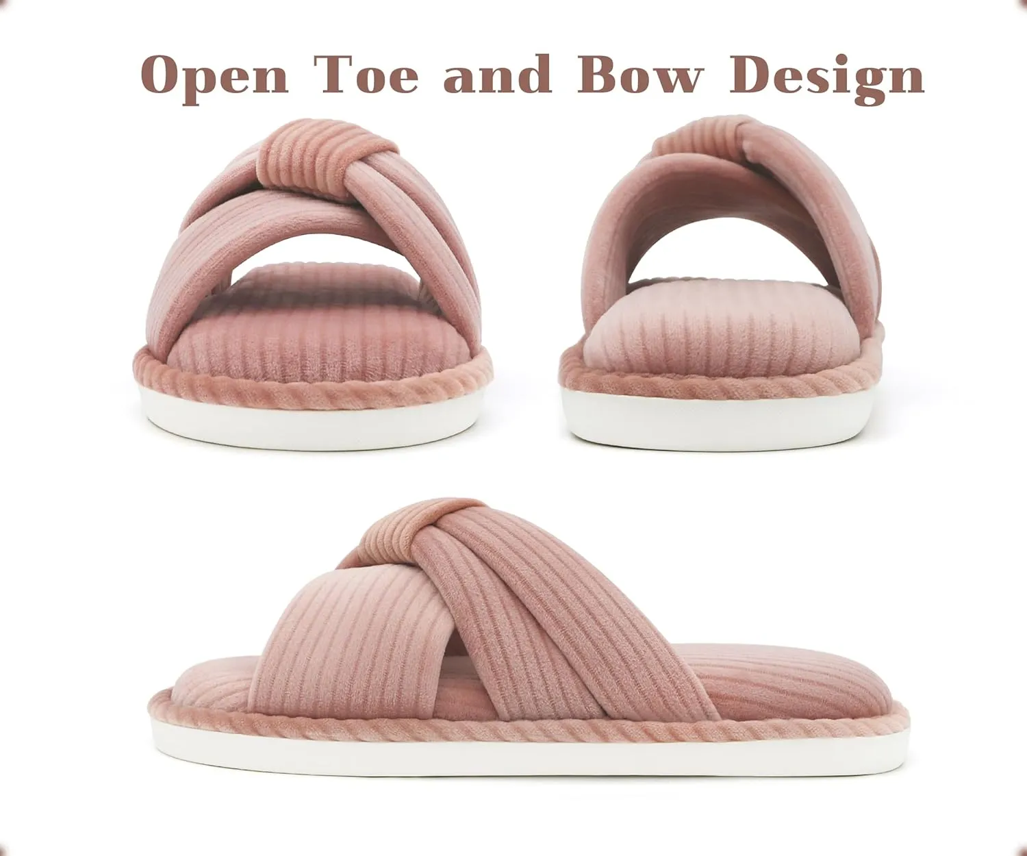Memory Foam House Slippes for Woman, Comfy Open Toe Women's Bedroom House Shoes, Cross Band Slippers with Bow for Indoor and Outdoor, Gift for Women Ladies and Girls