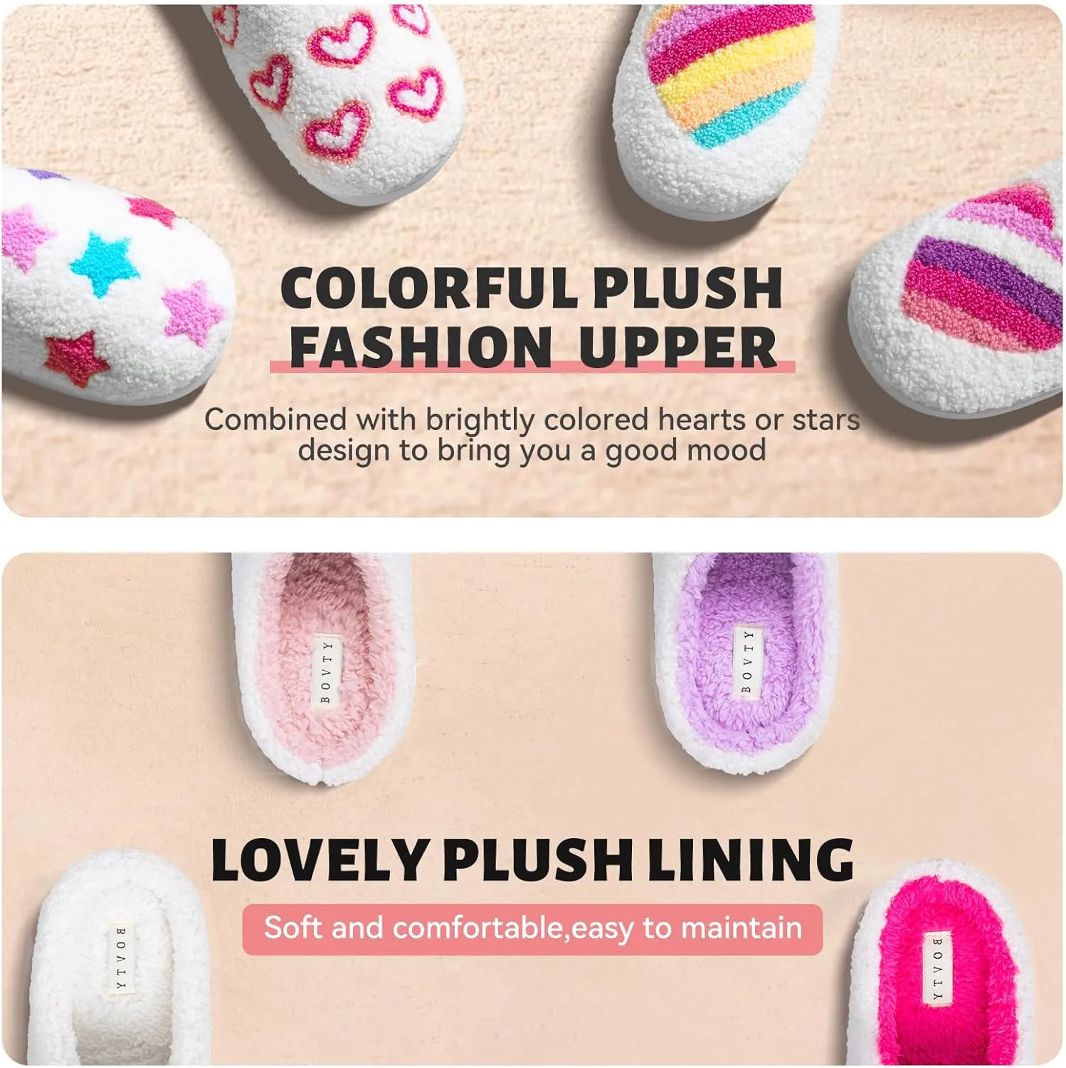Memory Foam Slippers for Women - House Slip-on with Colorful Hearts & Stars Pattern Cute Cozy Bedroom shoes