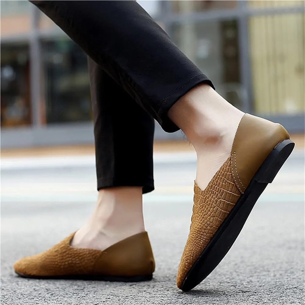 Men's Loafers Rubber Sole Round Toe Faux Snake Print Stitching Details Slip Resistant Comfortable Flat Heel