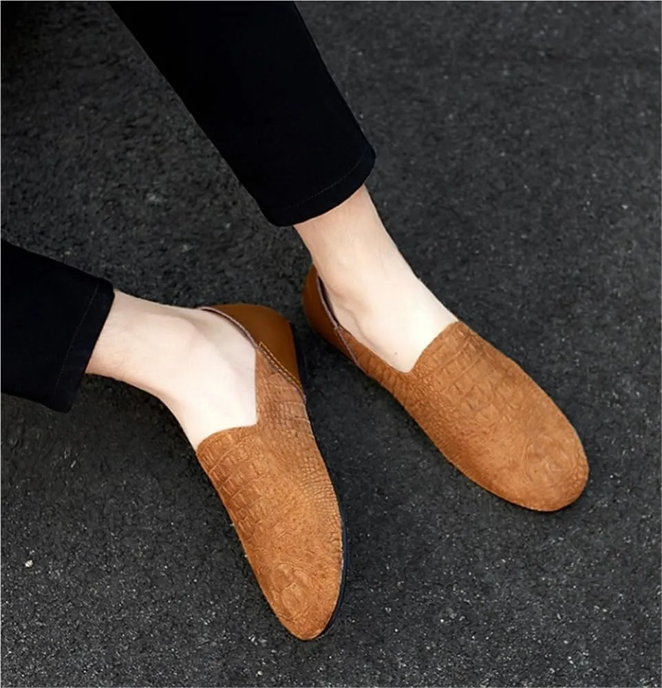 Men's Loafers Rubber Sole Round Toe Faux Snake Print Stitching Details Slip Resistant Comfortable Flat Heel