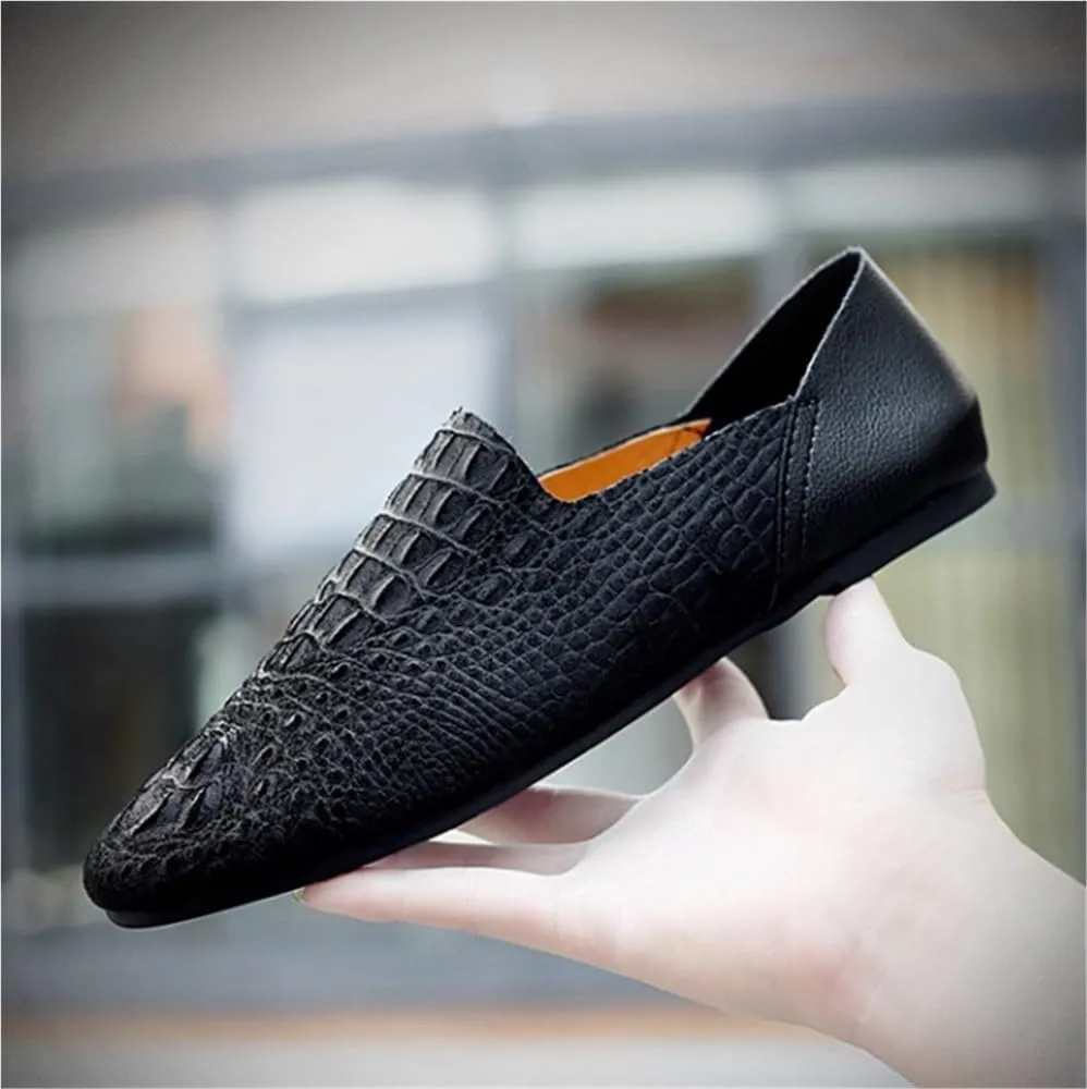 Men's Loafers Rubber Sole Round Toe Faux Snake Print Stitching Details Slip Resistant Comfortable Flat Heel