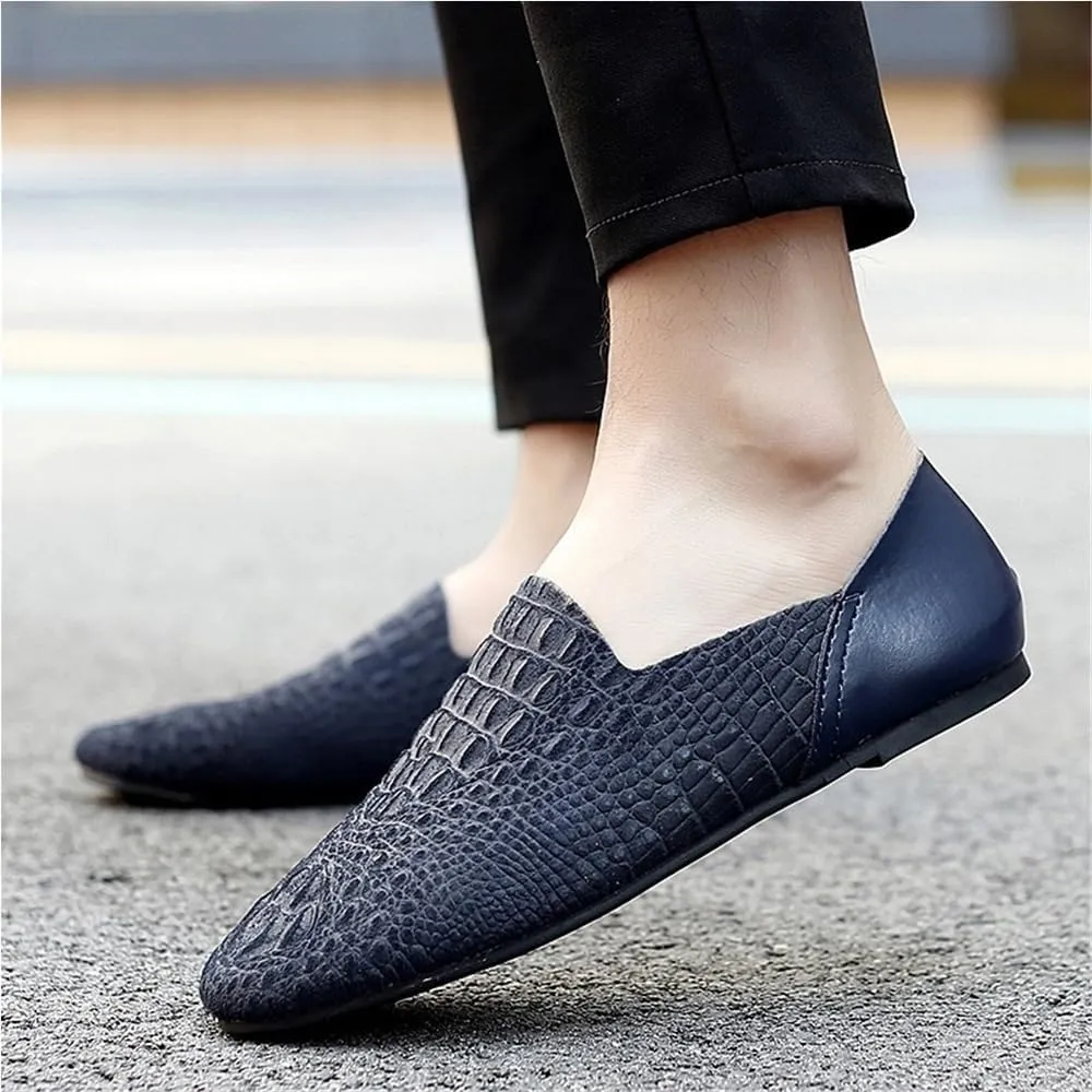 Men's Loafers Rubber Sole Round Toe Faux Snake Print Stitching Details Slip Resistant Comfortable Flat Heel