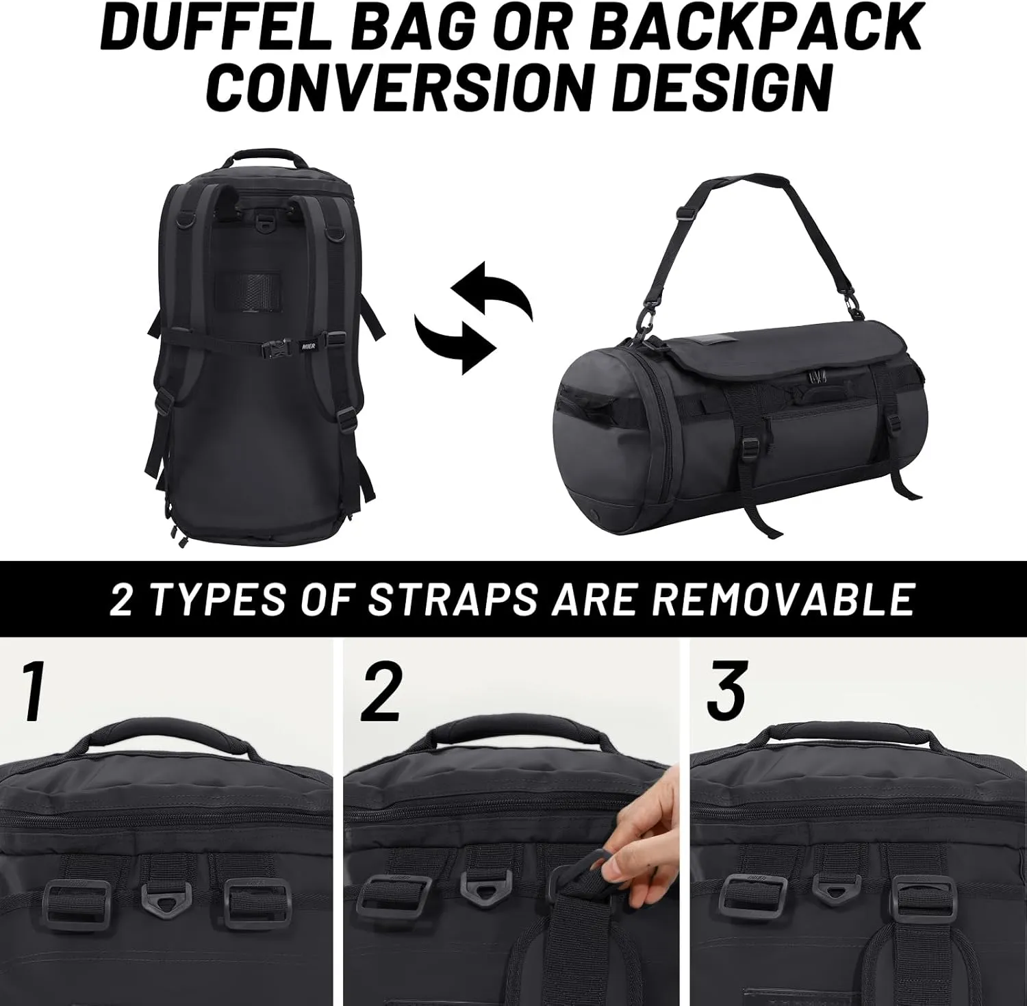 MIER Large Duffel Backpack Sports Gym Bag with Shoe Compartment, Heavy Duty and Water Resistant, Black, 45L