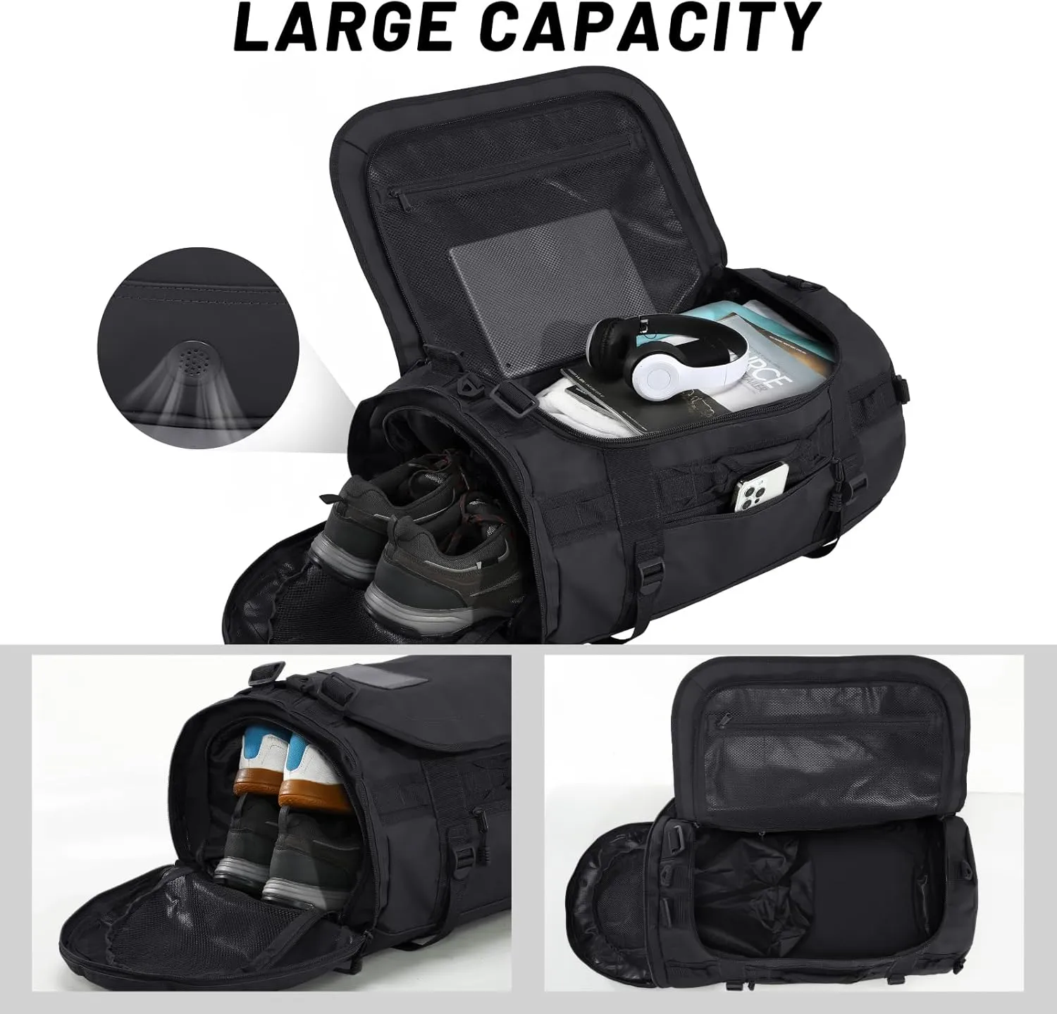 MIER Large Duffel Backpack Sports Gym Bag with Shoe Compartment, Heavy Duty and Water Resistant, Black, 45L