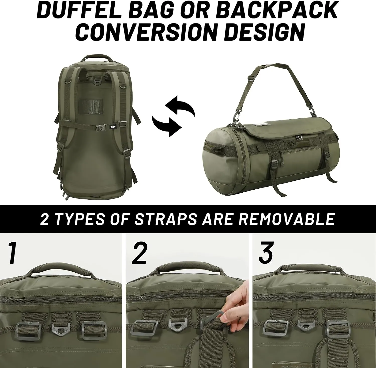 MIER Large Duffel Backpack Sports Gym Bag with Shoe Compartment, Heavy Duty and Water Resistant, Dark Green, 90L