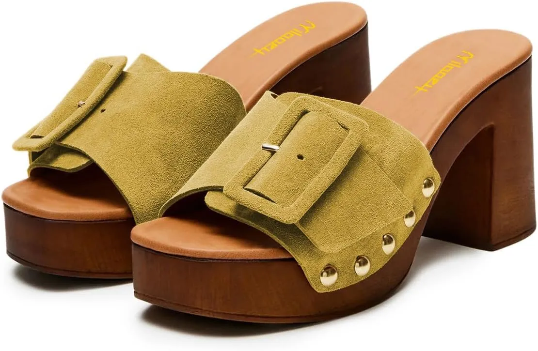 Milooey shoes Women's Open Round Toe Studded Platform Mules Chunkly Block High Heel Slippers Buckle Slip On Sandals Indoor Outdoor Daily Causal Slide Shoes Size 4-16 US