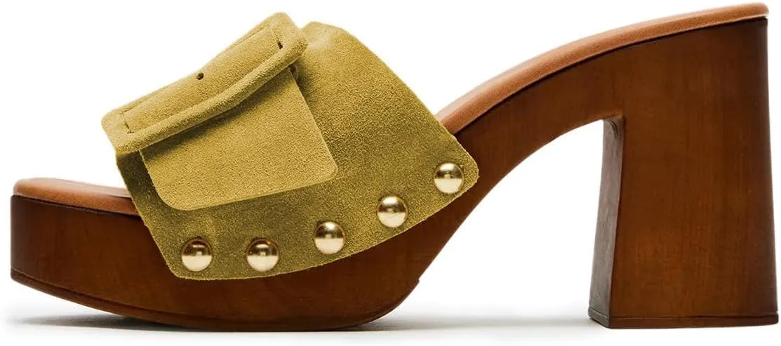 Milooey shoes Women's Open Round Toe Studded Platform Mules Chunkly Block High Heel Slippers Buckle Slip On Sandals Indoor Outdoor Daily Causal Slide Shoes Size 4-16 US