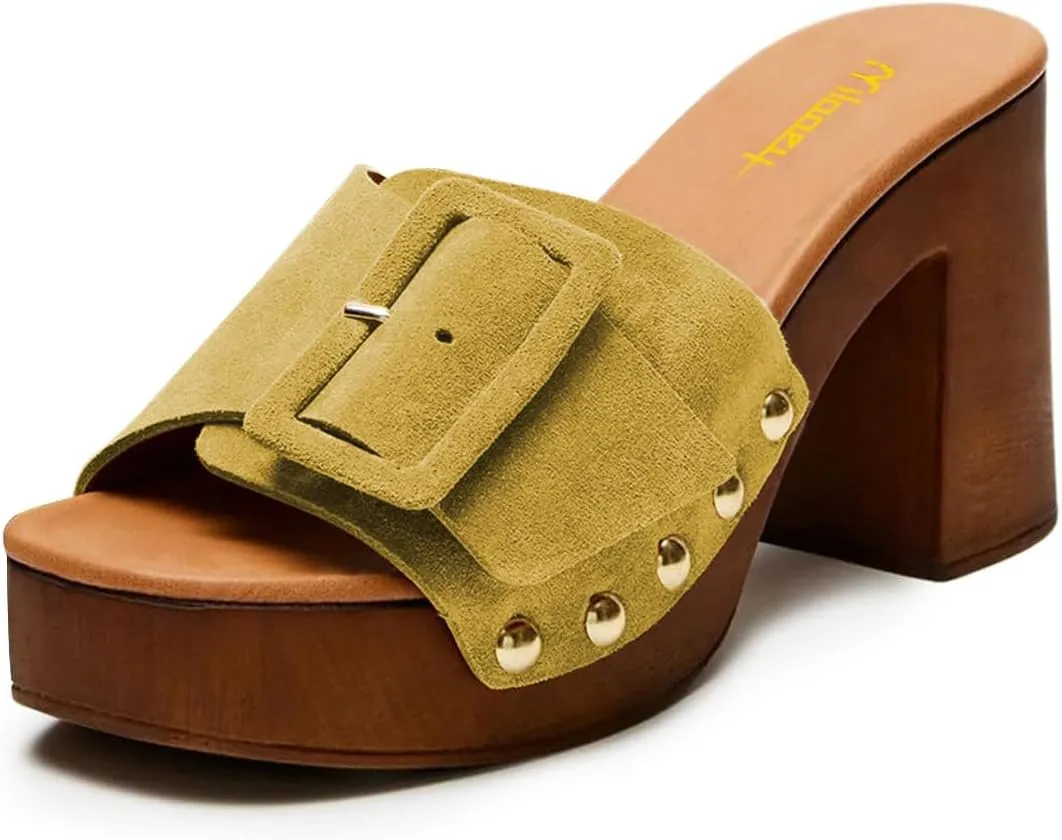 Milooey shoes Women's Open Round Toe Studded Platform Mules Chunkly Block High Heel Slippers Buckle Slip On Sandals Indoor Outdoor Daily Causal Slide Shoes Size 4-16 US