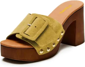 Milooey shoes Women's Open Round Toe Studded Platform Mules Chunkly Block High Heel Slippers Buckle Slip On Sandals Indoor Outdoor Daily Causal Slide Shoes Size 4-16 US