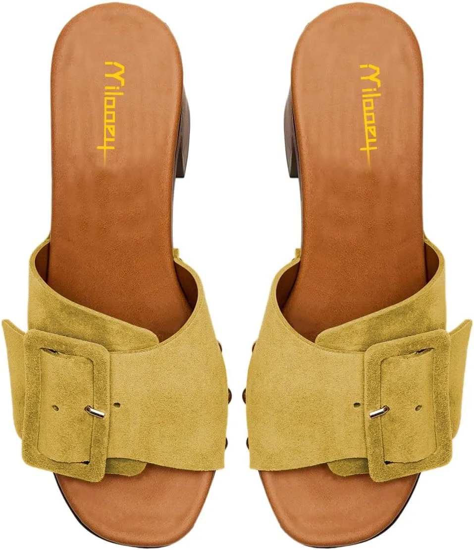Milooey shoes Women's Open Round Toe Studded Platform Mules Chunkly Block High Heel Slippers Buckle Slip On Sandals Indoor Outdoor Daily Causal Slide Shoes Size 4-16 US