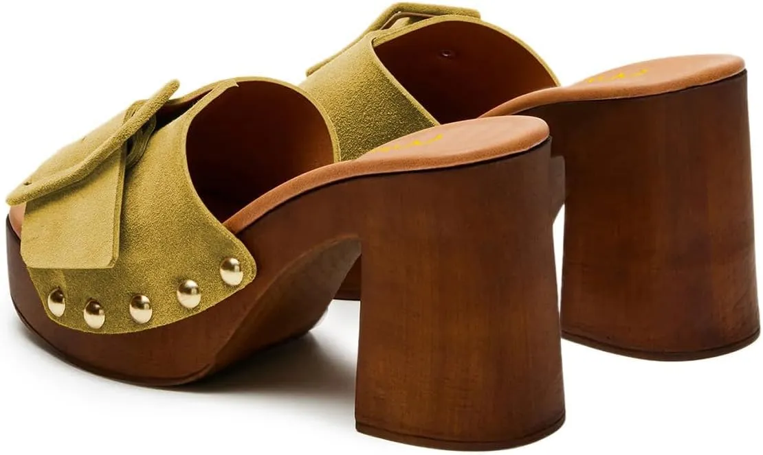Milooey shoes Women's Open Round Toe Studded Platform Mules Chunkly Block High Heel Slippers Buckle Slip On Sandals Indoor Outdoor Daily Causal Slide Shoes Size 4-16 US