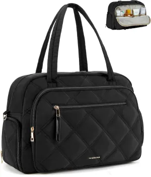 Missnine Small Gym Bag for Women with Shoe Compartment, weekend bag for Travel with Toiletry Organizer Compartment, Overnight Quilted Duffle for Airplane, Puffer Black